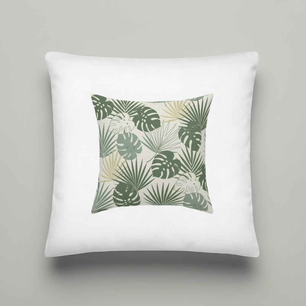 A square white throw pillow featuring a central printed panel with a tropical leaf pattern in shades of green and beige, set against a neutral gray background.