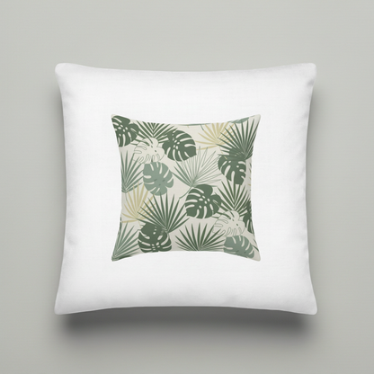A square white throw pillow featuring a central printed panel with a tropical leaf pattern in shades of green and beige, set against a neutral gray background.