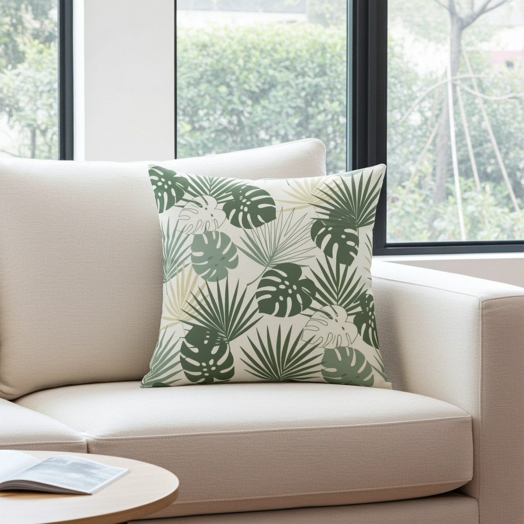 A square throw pillow with a green tropical monstera and palm leaf pattern on a cream background, styled on a beige sofa in front of a window.
