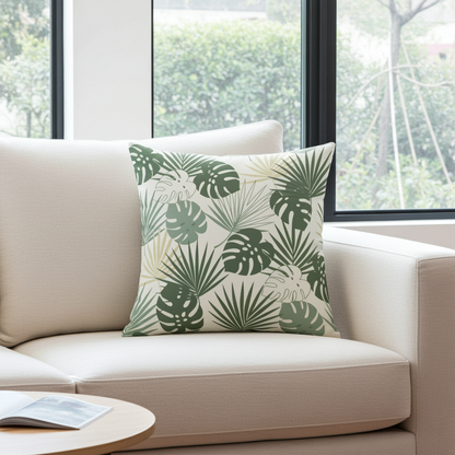 A square throw pillow with a green tropical monstera and palm leaf pattern on a cream background, styled on a beige sofa in front of a window.