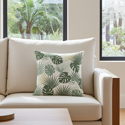A square throw pillow with a green tropical monstera and palm leaf pattern on a cream background, styled on a beige sofa in front of large windows.