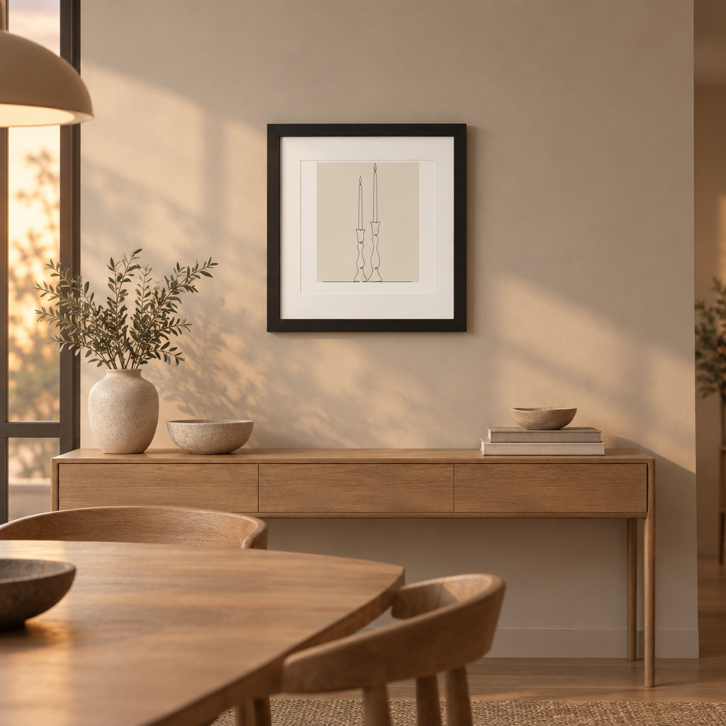 Sıcak minimalist yemek odasında Two Taper Candles