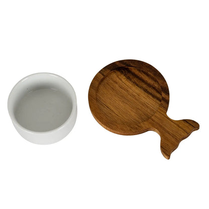 Set Of 4 Acacia Fishtail Serving Trays with Ceramic Bowls