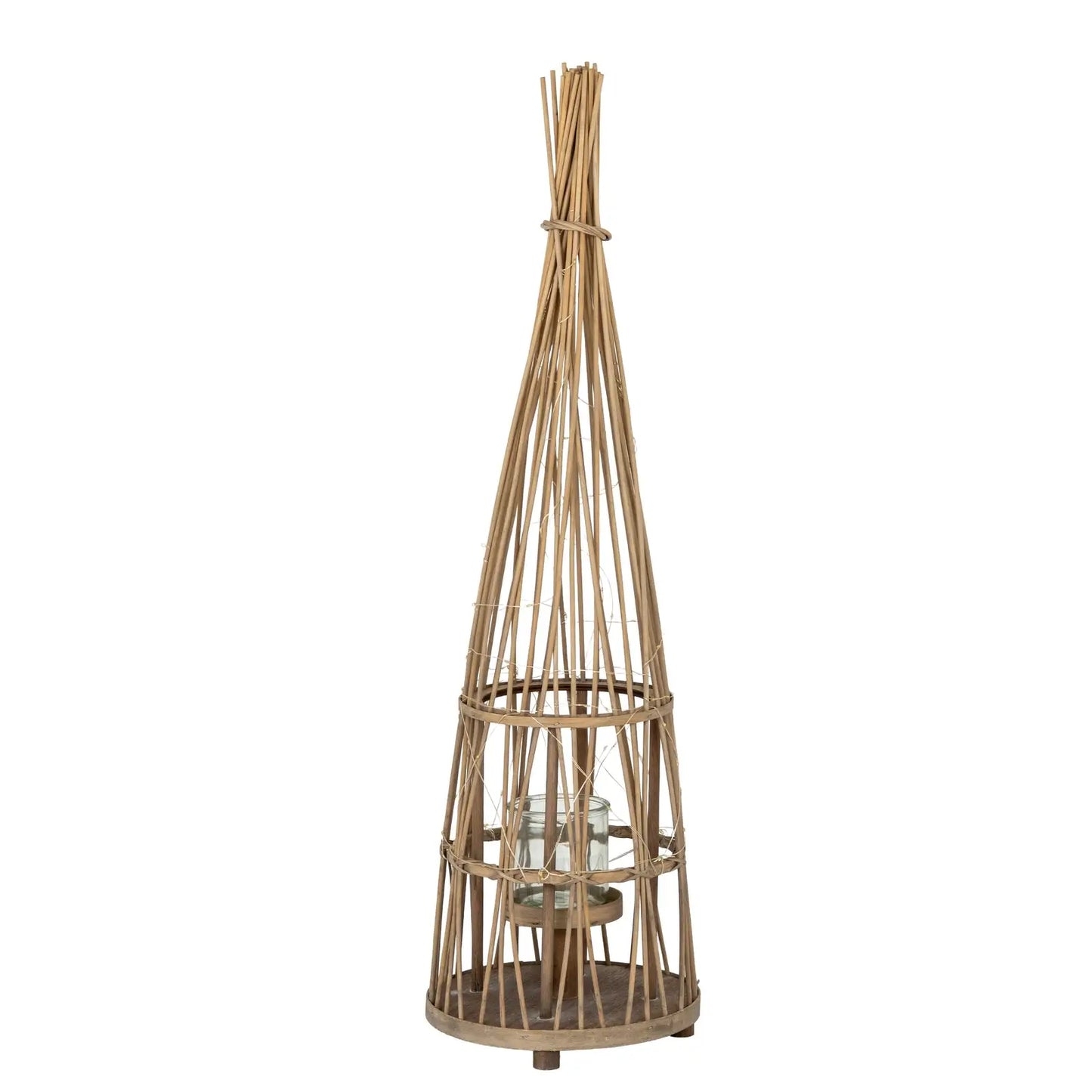 Small Conical Wicker Lantern With Glass Holder & LED Lights