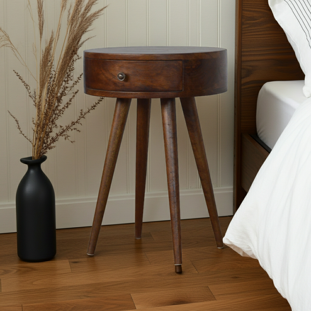 Nordic Chestnut Circular Bedside Table | Nightstand