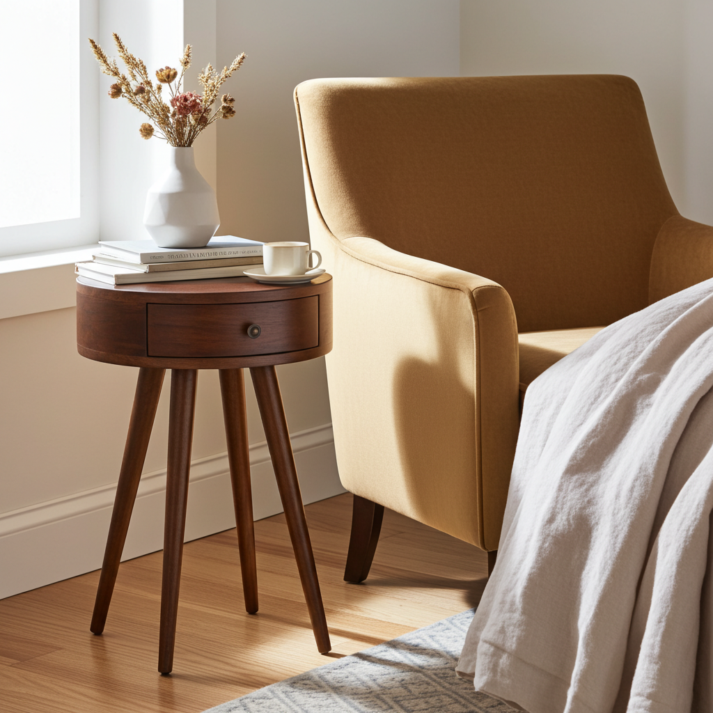 Nordic Chestnut Circular Bedside Table | Nightstand