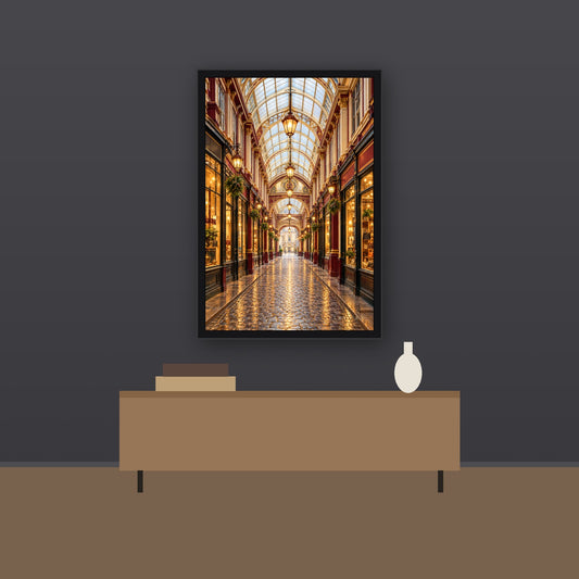 Livvat Victorian Arcade framed print on a charcoal wall