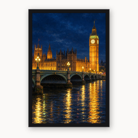 Westminster Bridge at Night framed wall art by Livvat, black frame