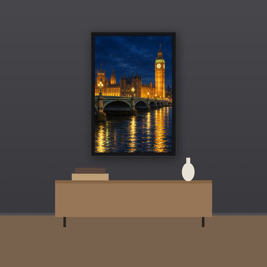 Livvat Westminster Bridge at Night framed print on a charcoal wall