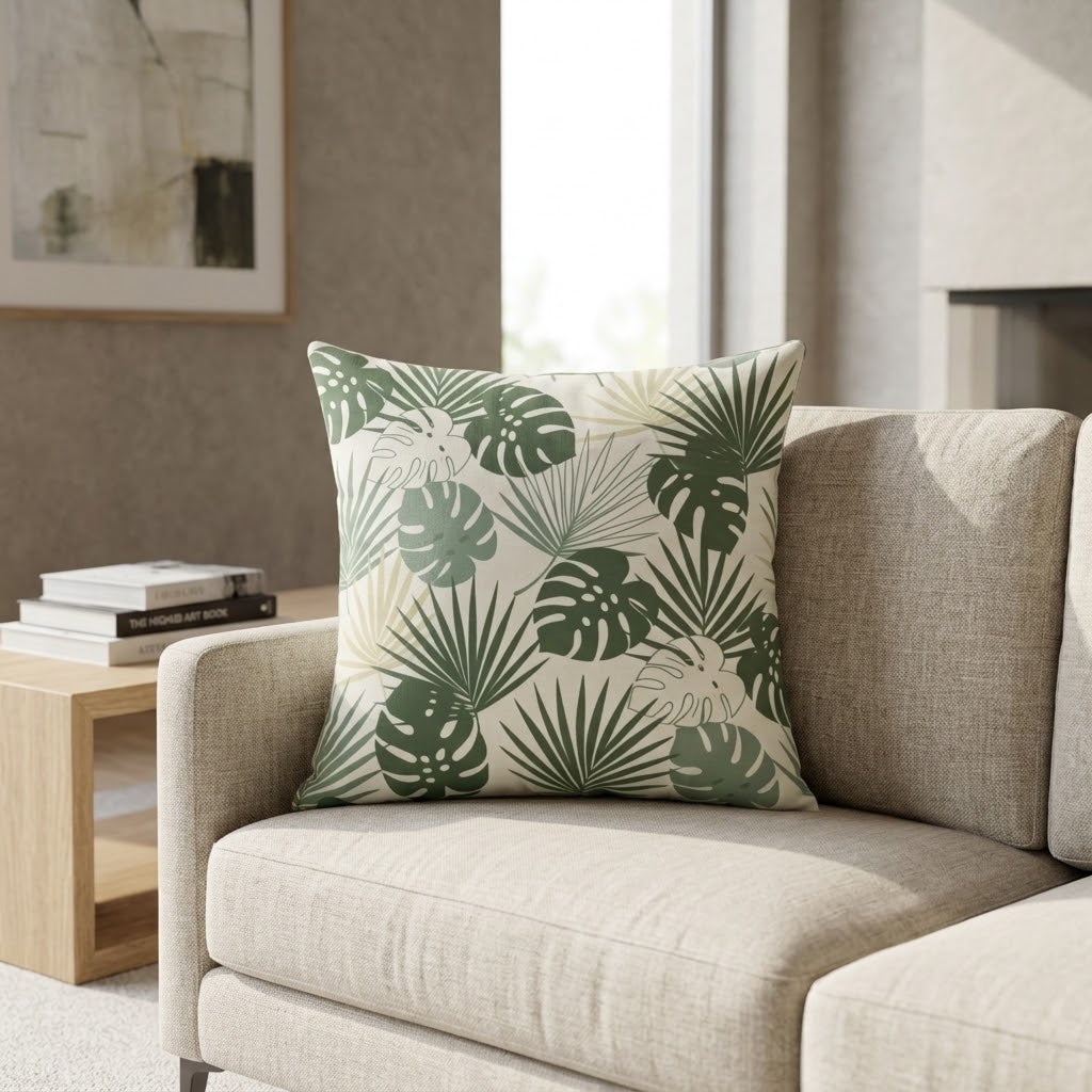 A square throw pillow with a green tropical monstera and palm leaf pattern on a cream background, styled on a light beige fabric sofa in a modern living room setting.