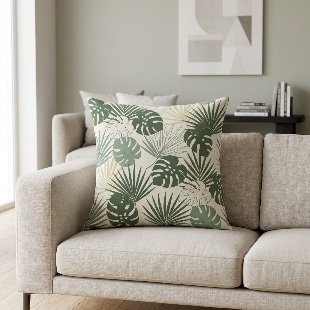 A square throw pillow with a green tropical monstera and palm leaf pattern on a cream background, styled on a light beige sofa in a modern living room setting.
